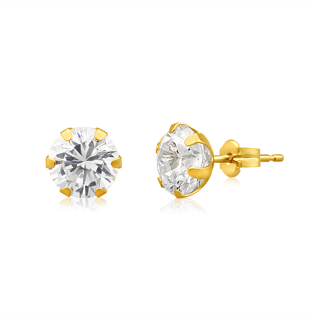 9ct Yellow Gold Cubic Zirconia 7mm 6 Claw Stud Earrings