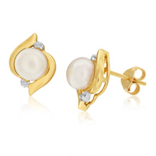 Load image into Gallery viewer, 9ct Yellow Gold Freshwater Pearl and Diamond Stud Earrings