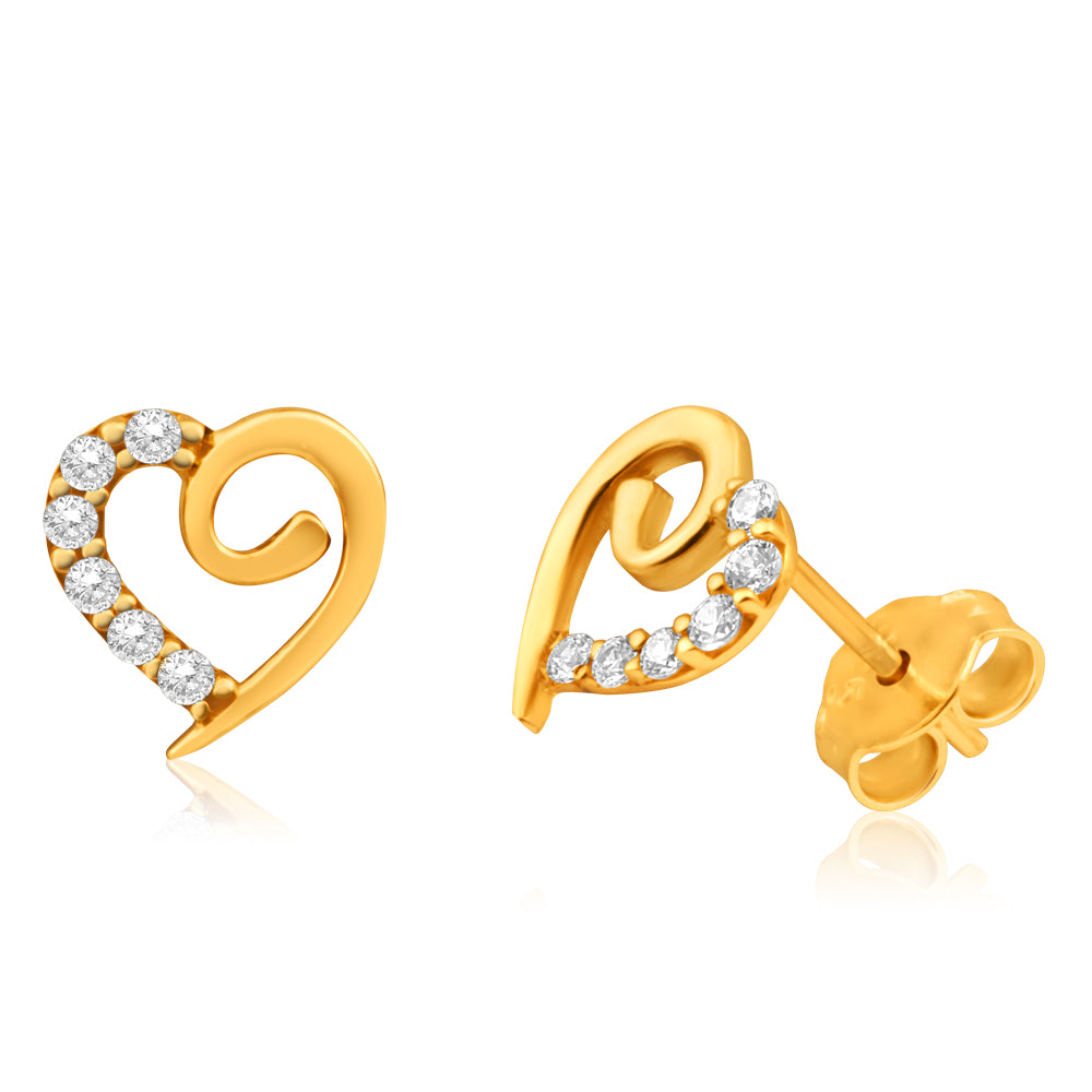 9ct Yellow Gold Cubic Zirconia Beautiful Heart Stud Earrings