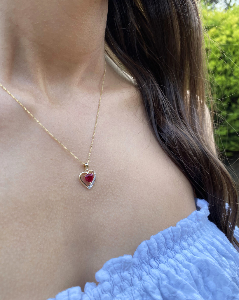 9ct Alluring Yellow Gold Created Ruby + Diamond Pendant