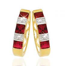 Load image into Gallery viewer, 9ct Yellow Gold Created Ruby + Diamond Hoop Earrings
