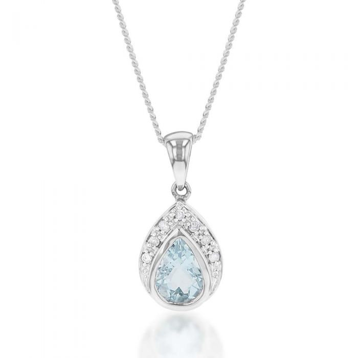 9ct White Gold Aquamarine + 7 Diamond Pendant