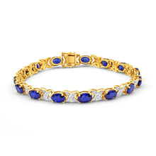 Load image into Gallery viewer, 9ct Yellow Gold 7x5mm Oval Cut Created Sapphire and Diamond 19cm Crossover Bracelet