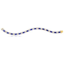 Load image into Gallery viewer, 9ct Yellow Gold 7x5mm Oval Cut Created Sapphire and Diamond 19cm Crossover Bracelet