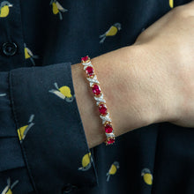 Load image into Gallery viewer, 9ct Yellow Gold Created Ruby + Diamond 19CM Bracelet
