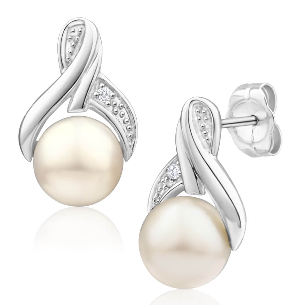 9ct White Gold Freshwater Pearl and Diamond Stud Earrings