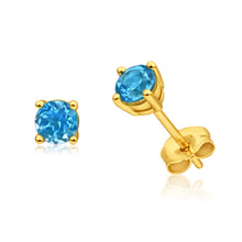 Load image into Gallery viewer, 9ct Yellow Gold Blue Topaz 4mm Stud Earrings