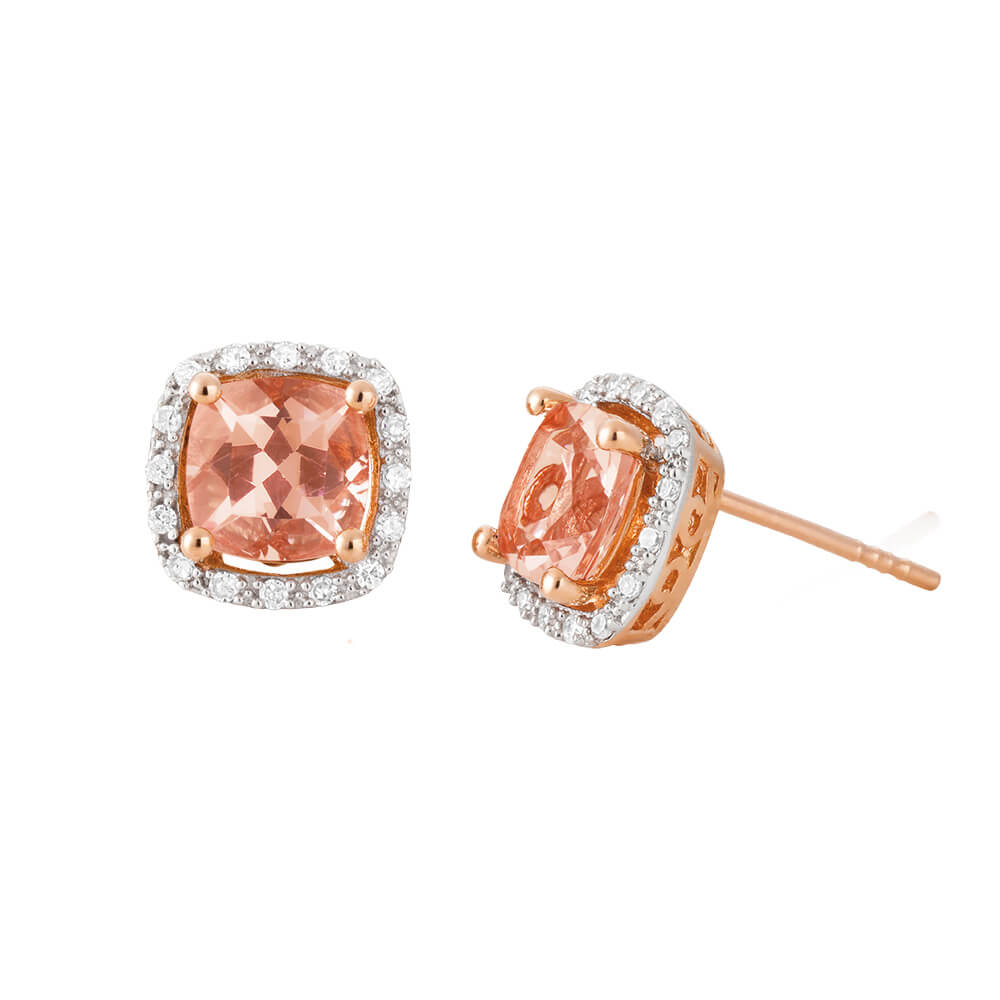 9ct Rose Gold Diamond + Morganite Stud Earrings