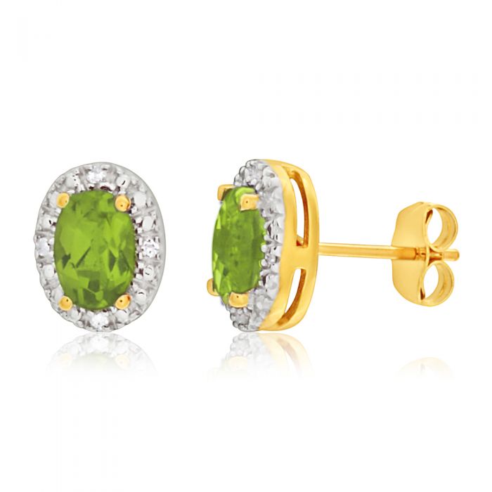 9ct Yellow Gold & White Gold Diamond + Peridot Stud Earrings