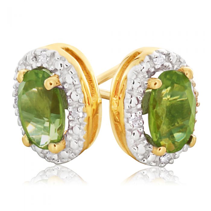 9ct Yellow Gold & White Gold Diamond + Peridot Stud Earrings