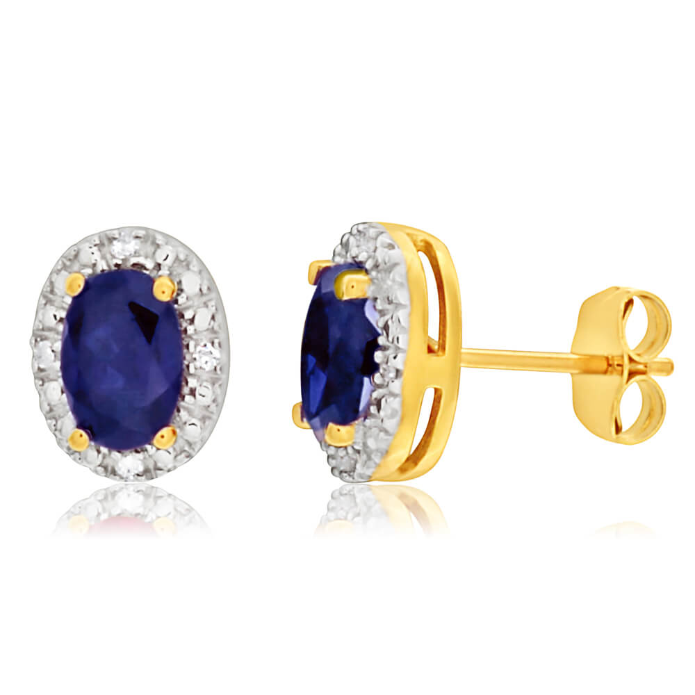 9ct Yellow Gold Created Sapphire 6x4mm + Diamond Stud Earrings