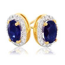 Load image into Gallery viewer, 9ct Yellow Gold Created Sapphire 6x4mm + Diamond Stud Earrings
