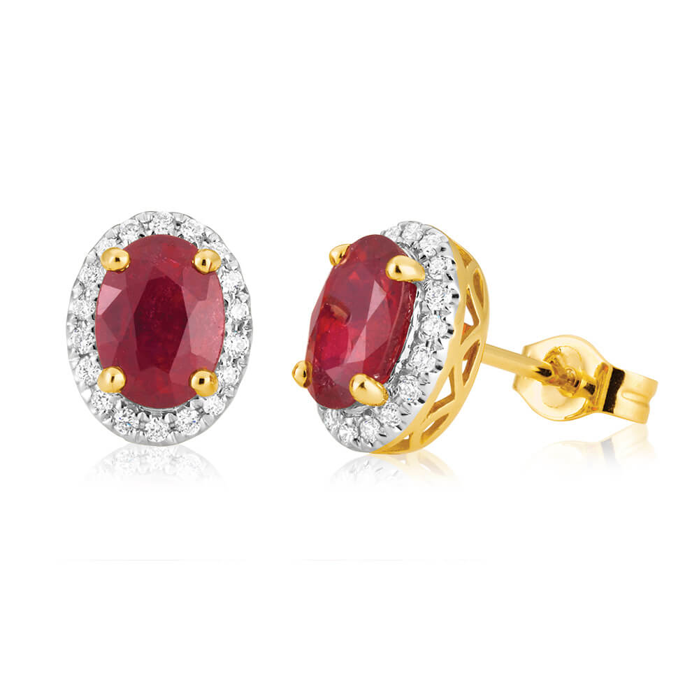 9ct Yellow Gold Natural Enhanced/Treated Ruby and Diamond Stud Earrings