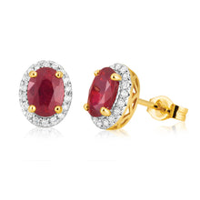 Load image into Gallery viewer, 9ct Yellow Gold Natural Enhanced/Treated Ruby and Diamond Stud Earrings