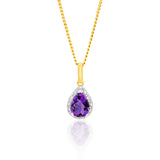 9ct Yellow Gold  Amethyst And Diamond Pear Pendant