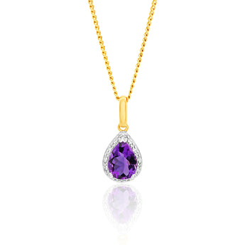 9ct Yellow Gold  Amethyst And Diamond Pear Pendant
