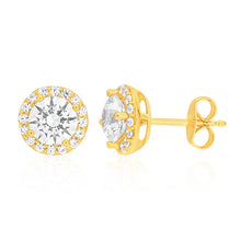 Load image into Gallery viewer, 9ct Yellow Gold Cubic Zirconia Halo Stud Earrings