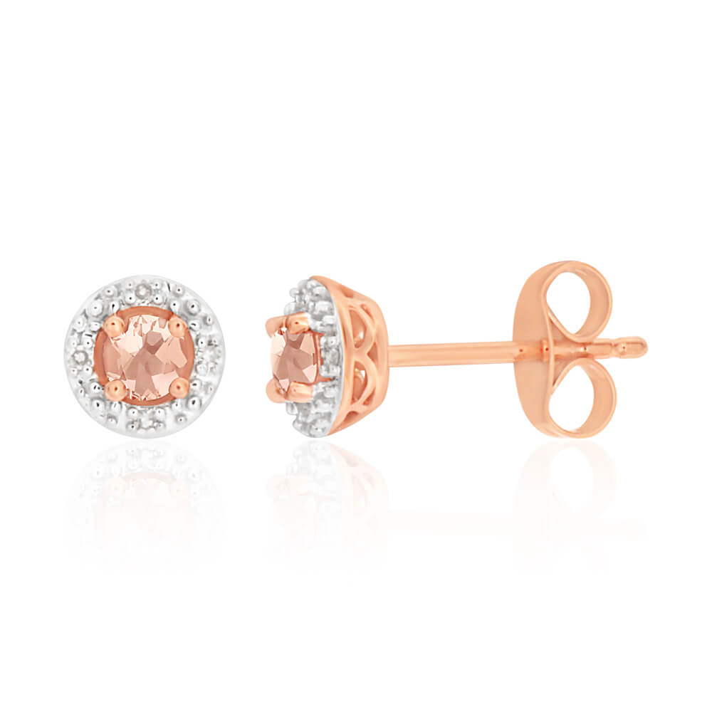 9ct Rose Gold 3mm Morganite and Diamond Halo Stud Earrings