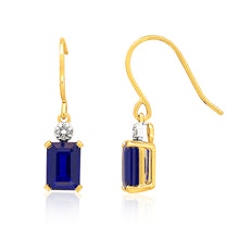 Load image into Gallery viewer, 9ct Yellow Gold 7x5mm Created Sapphire Drop Earrings with Diamonds