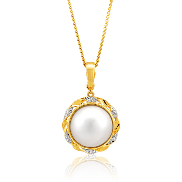 9ct Yellow Gold & White Gold Diamond + Pearl Pendant Grahams Jewellers
