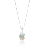 9ct White Gold 0.45ct Natural White Opal and Diamond Halo Pendant on 45cm Chain