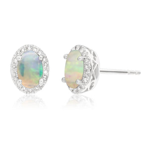 9ct White Gold 0.25ct Natural White Opal and Diamond Stud Earrings