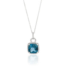 Load image into Gallery viewer, 9ct White Gold London Blue Topaz 8mm Cushion Cut Pendant Chain with 0.16ct Diamonds