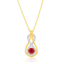 Load image into Gallery viewer, 9ct Yellow Gold Natural Ruby 5mm and Diamond 0.22ct Infinity Pendant with 45cm Chain
