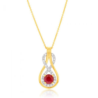 9ct Yellow Gold Natural Ruby 5mm and Diamond 0.22ct Infinity Pendant with 45cm Chain