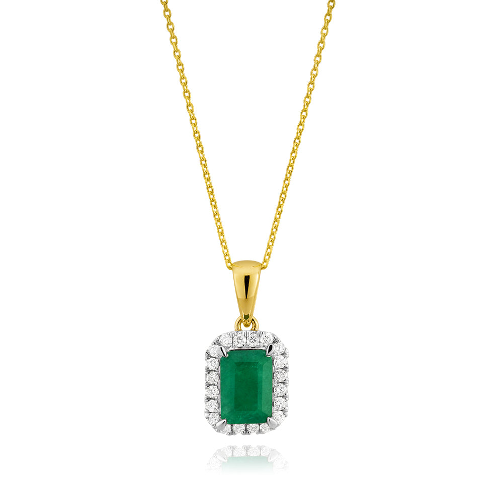 9ct Yellow Gold Natural Emerald 7x5mm and Diamond Pendant with 45cm Chain