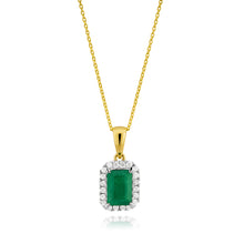 Load image into Gallery viewer, 9ct Yellow Gold Natural Emerald 7x5mm and Diamond Pendant with 45cm Chain
