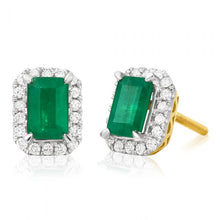 Load image into Gallery viewer, 9ct Yellow Gold 1.20 Carat 6x4mm Natural Emerald and 1/5 Carat Diamond Stud Earrings