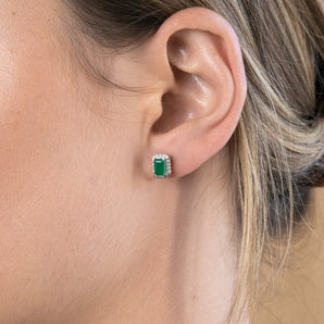 1.20 Carat Natural Emerald and 1/5 Carat Diamond Stud Earrings in 9ct Yellow Gold