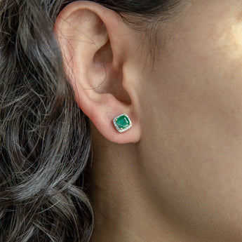 9ct Yellow Gold Natural Emerald 5mm Cushion Cut Diamond Halo Stud Earrings