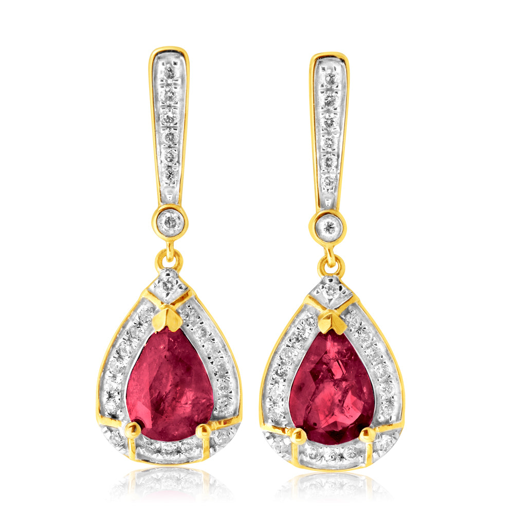 9ct Yellow Gold Natural Ruby 7x5mm and 0.20ct Diamond Drop Earrings