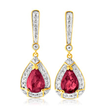 Load image into Gallery viewer, 9ct Yellow Gold Natural Ruby 7x5mm and 0.20ct Diamond Drop Earrings