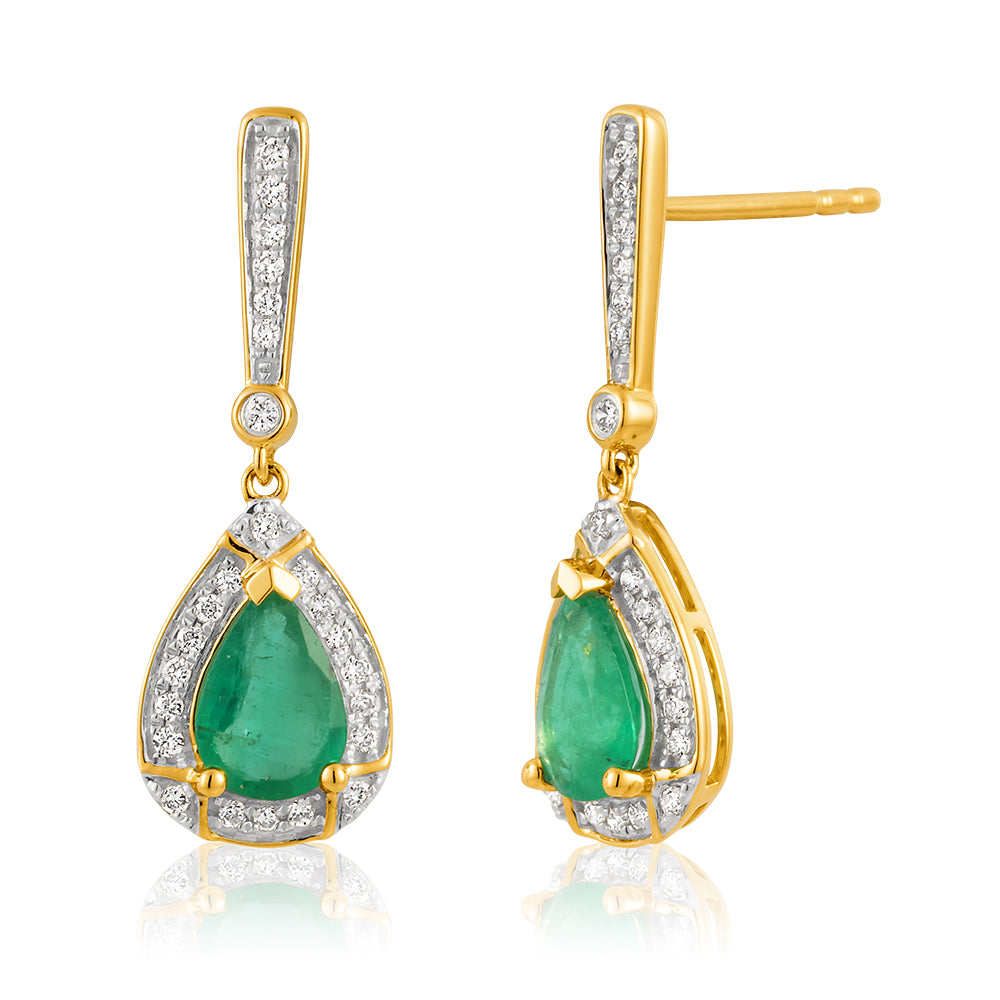 9ct Yellow Gold Natural Emerald 7x5mm and 0.20ct Diamond Drop Earrings
