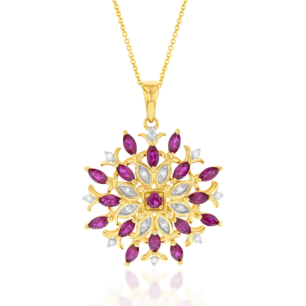 9ct Yellow Gold Created Ruby and Diamond 0.01ct Fancy Pendant with 45cm Chain