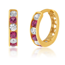 Load image into Gallery viewer, 9ct Yellow Gold White and Red Cubic Zirconia 10mm Huggies