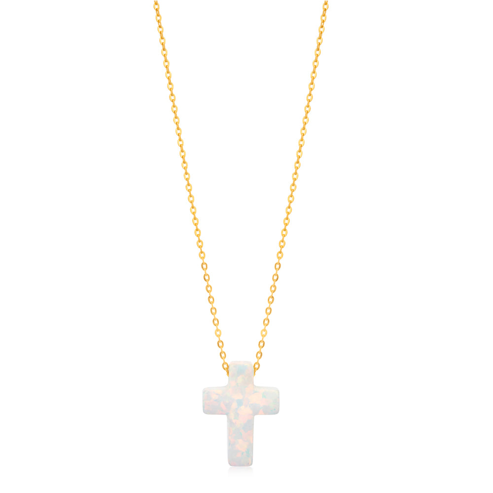 9ct Yellow Gold Synthetic Opal Cross Pendant