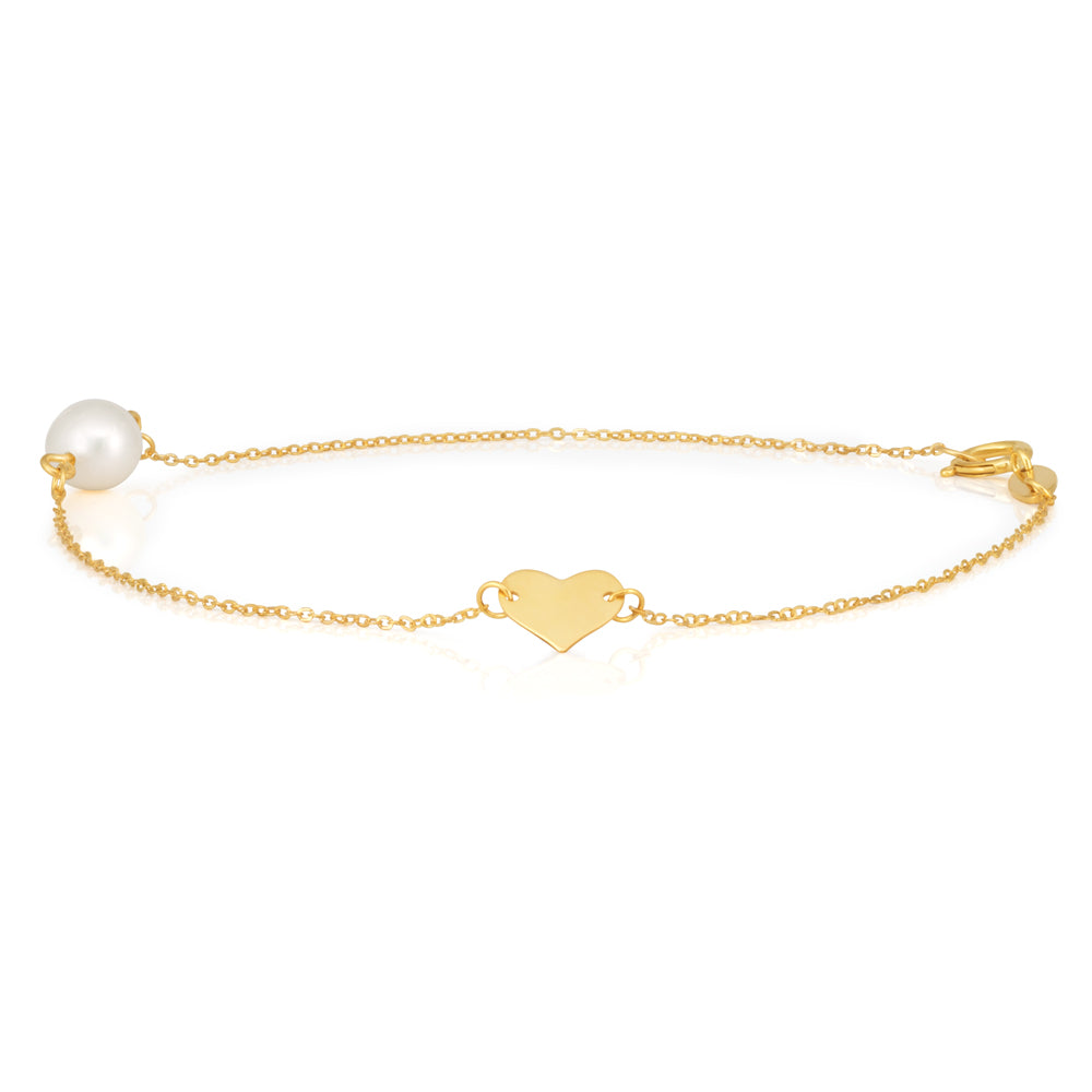 9ct Yellow Gold Pearl with Gold Heart Bracelet