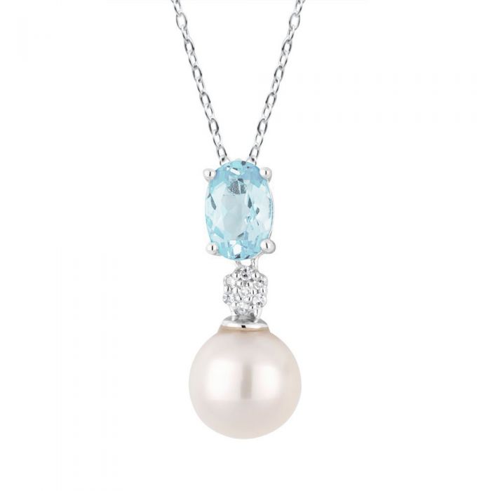 9ct White Gold Pearl & Blue Topaz Pendant with Diamonds