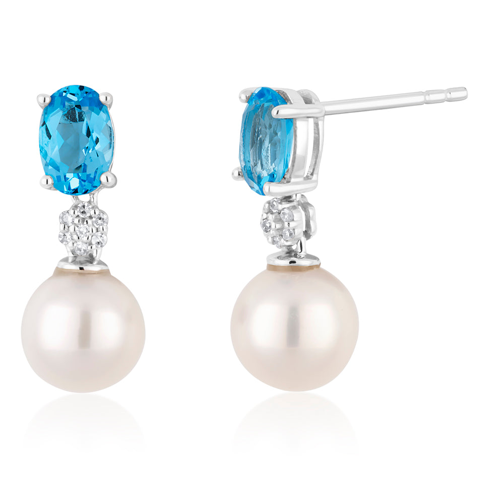 9ct White Gold Pearl & Blue Topaz Earrings with Diamonds
