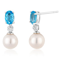 Load image into Gallery viewer, 9ct White Gold Pearl &amp; Blue Topaz Earrings with Diamonds