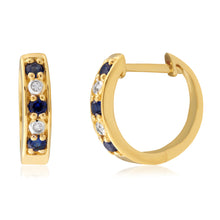 Load image into Gallery viewer, 9ct Yellow Gold Created Sapphire &amp; Diamond Huggies
