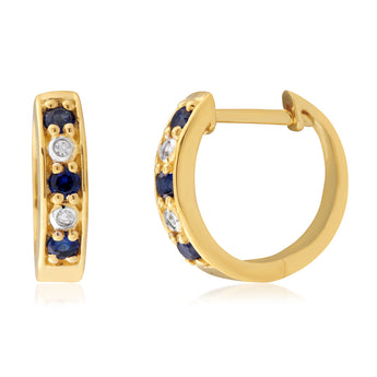 9ct Yellow Gold Created Sapphire & Diamond Huggies