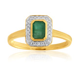 9ct Yellow Gold 0.6ct Natural Emerald and 1/10 Carat Diamond Ring