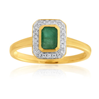 9ct Yellow Gold 0.6ct Natural Emerald and 1/10 Carat Diamond Ring