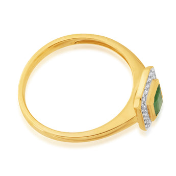 9ct Yellow Gold 0.6ct Natural Emerald and 1/10 Carat Diamond Ring