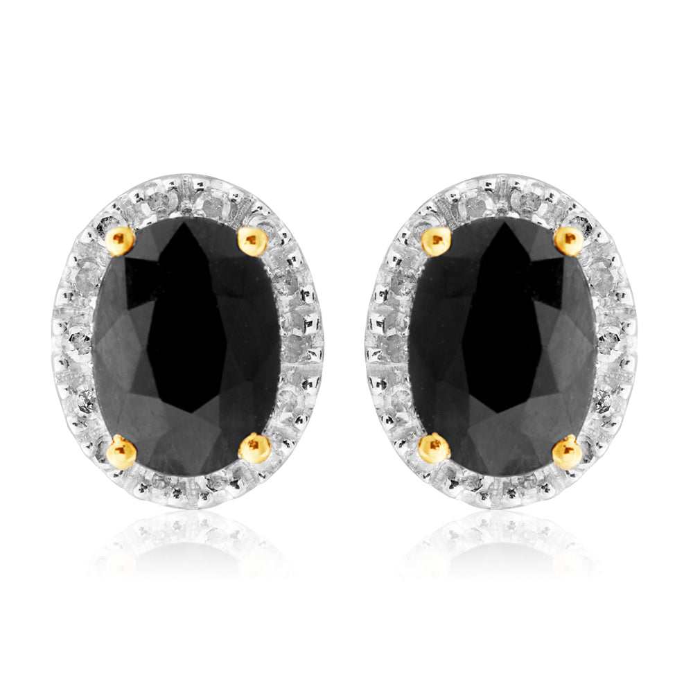 9ct Yellow Gold 5X7mm Oval Cut Natural Sapphire and 0.14 Carat Diamond Stud Earrings